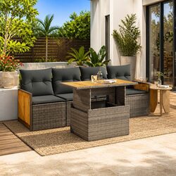 5 Piece Outdoor Patio Sofa Set in Grey Rattan with Cushions