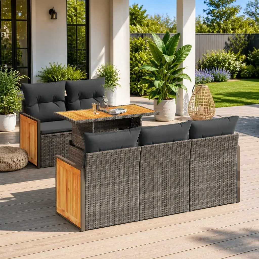 6-Piece Grey Poly Rattan Garden Sofa Set