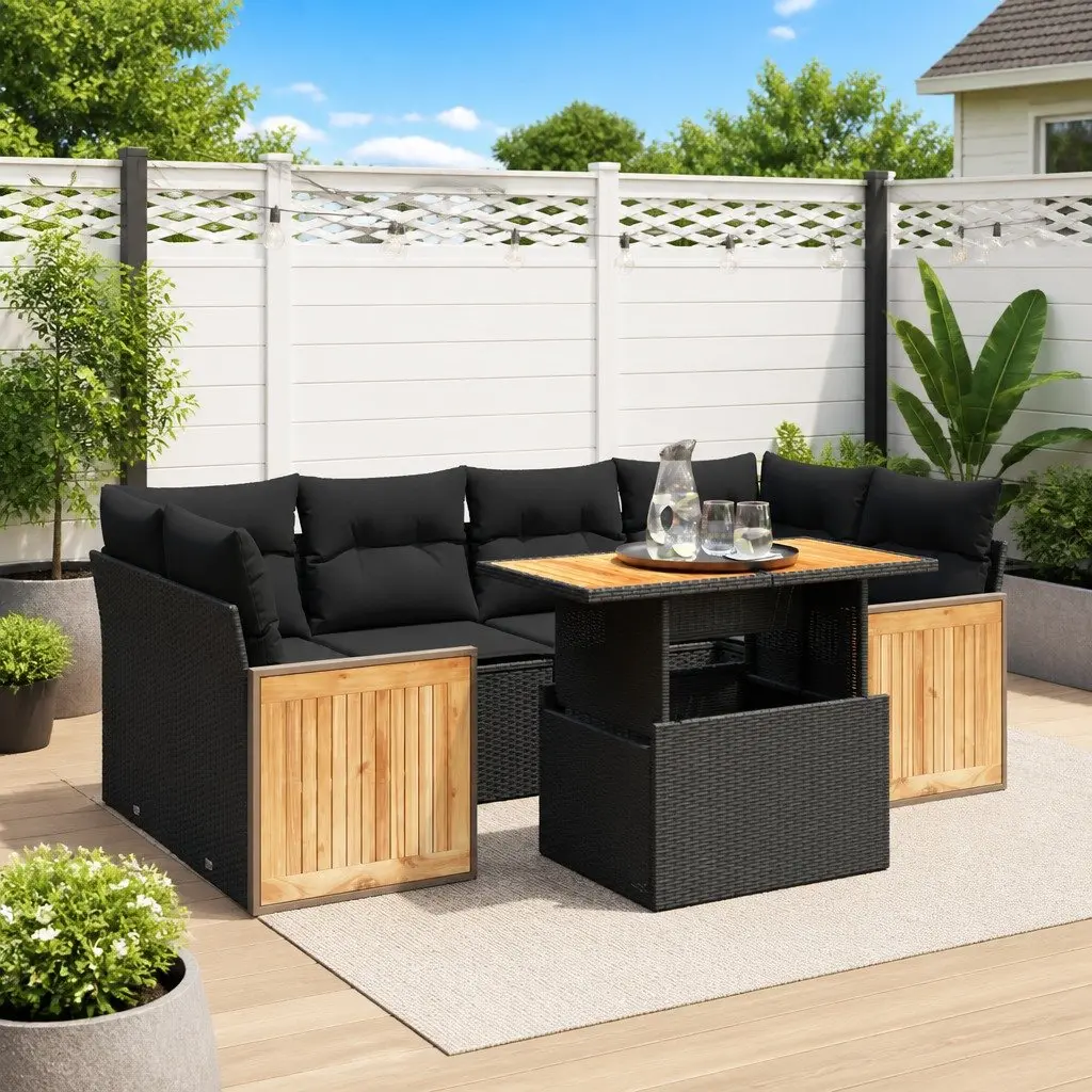 7-Piece Black Garden Sofa Set with Cushions
