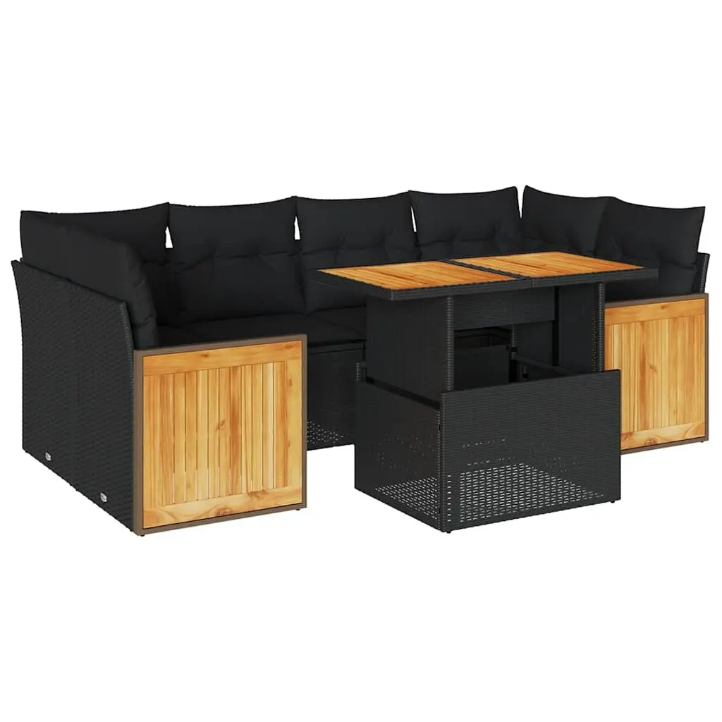 7-Piece Black Garden Sofa Set with Cushions