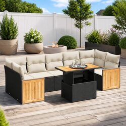 8-Piece Black Poly Rattan Outdoor Garden Sofa Set