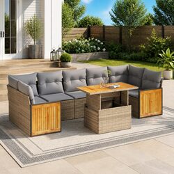 8 Piece Beige Outdoor Sofa Set with Storage and Cushions