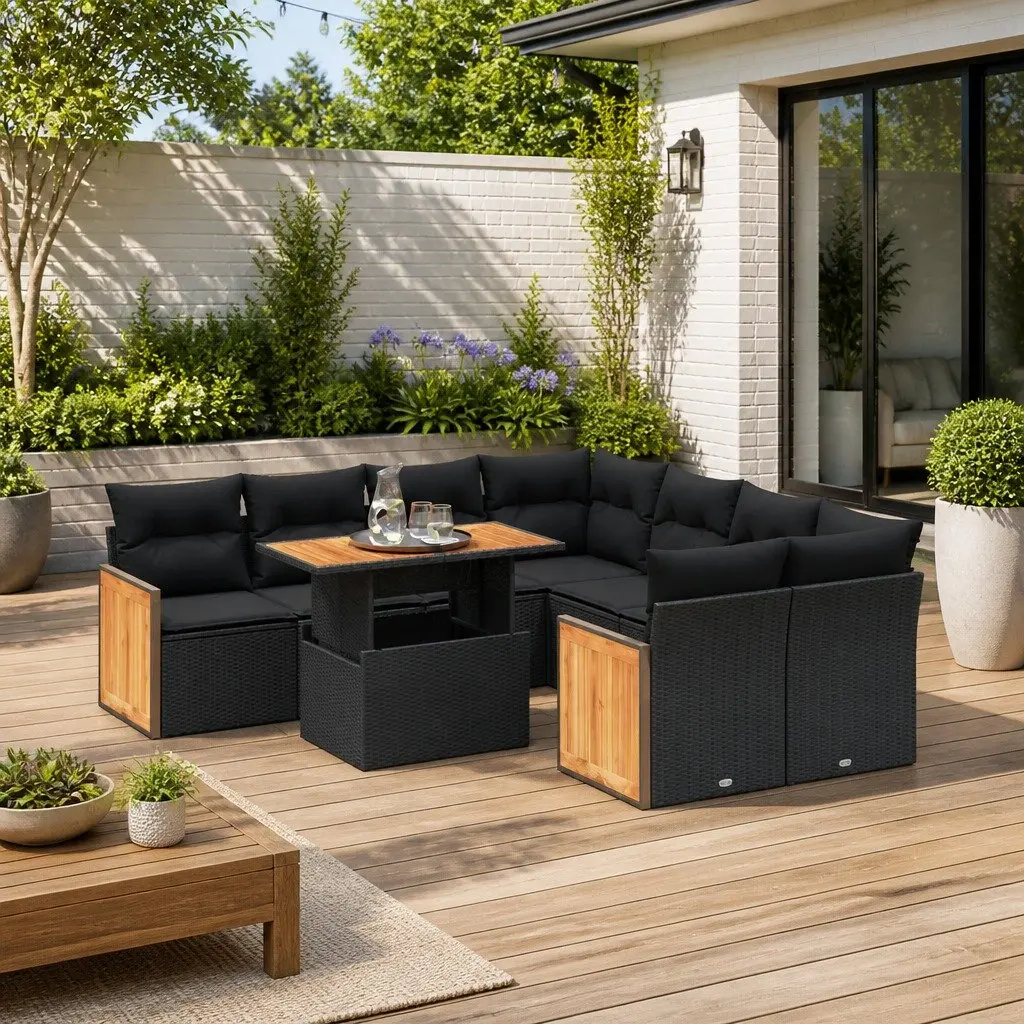 9 Piece Garden Sofa Set with Cushions in Black