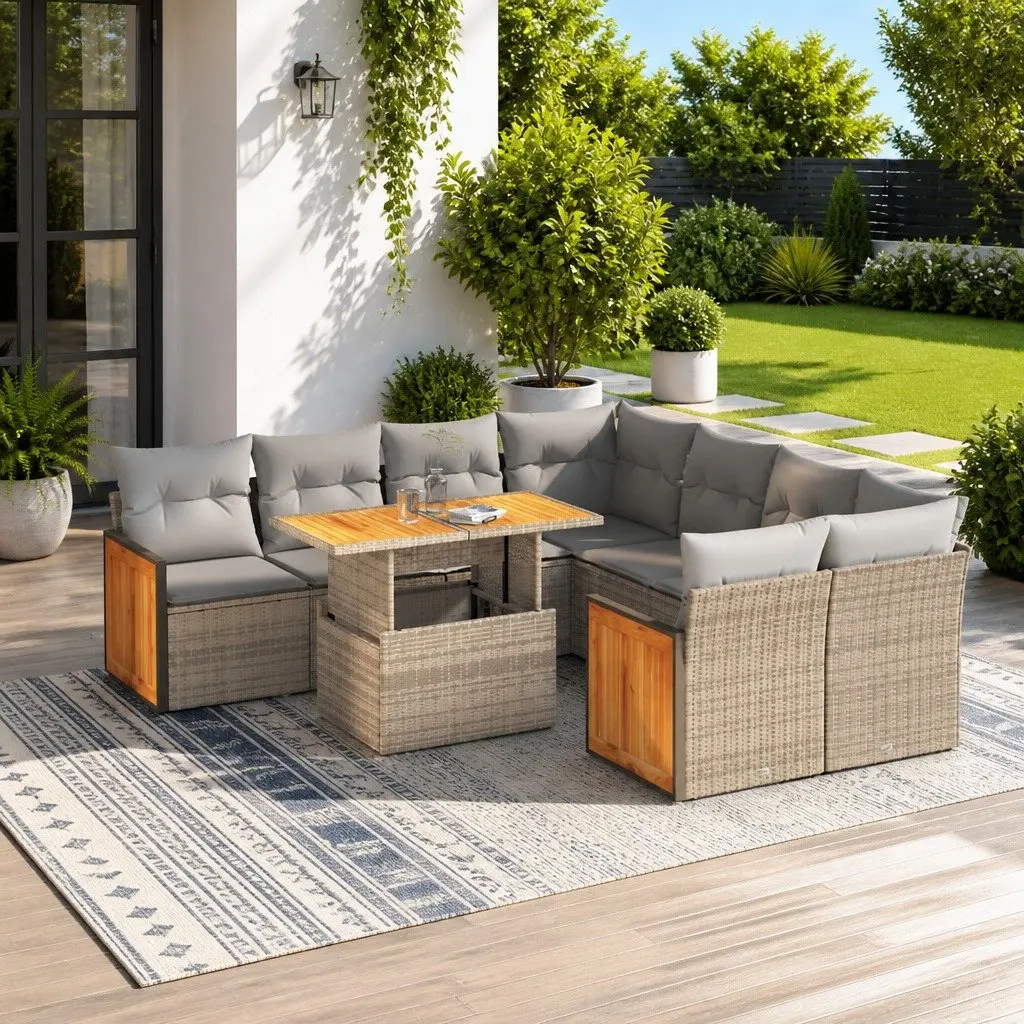 Garden Sofa Set PE Rattan 9 Piece Outdoor Patio Furniture Beige with Cushions