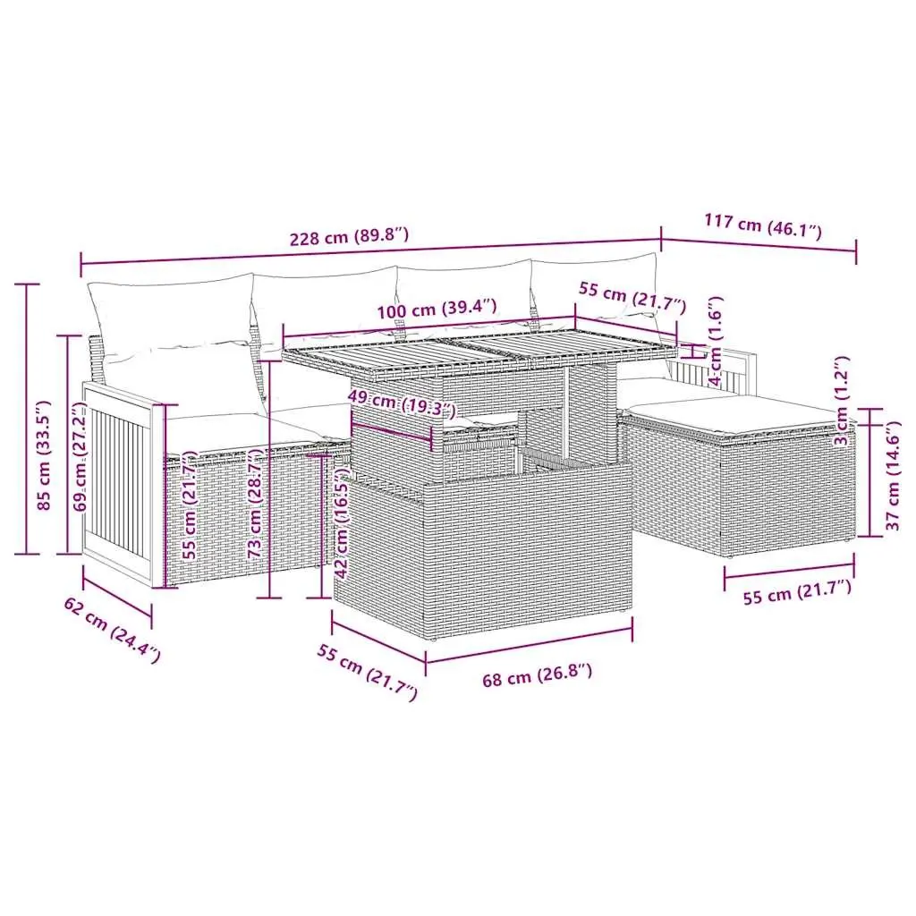 Garden Sofa Set 6 Piece Outdoor Furniture Black Rattan Modular Patio Seating