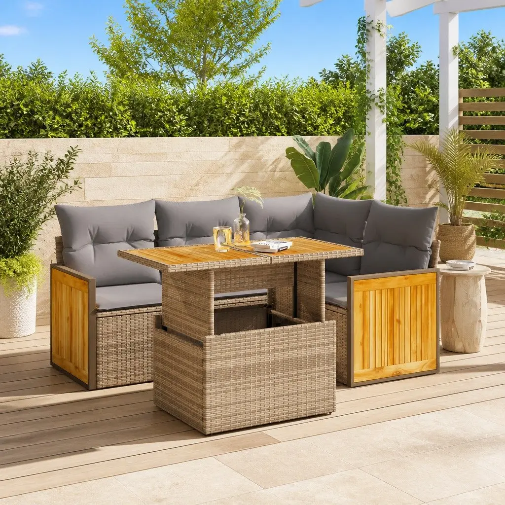 Beige 5 Piece Modular Outdoor Sofa Set with Cushions