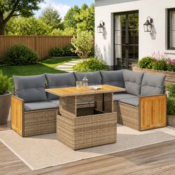 6 Piece Beige Rattan Garden Sofa Set for Outdoor Spaces