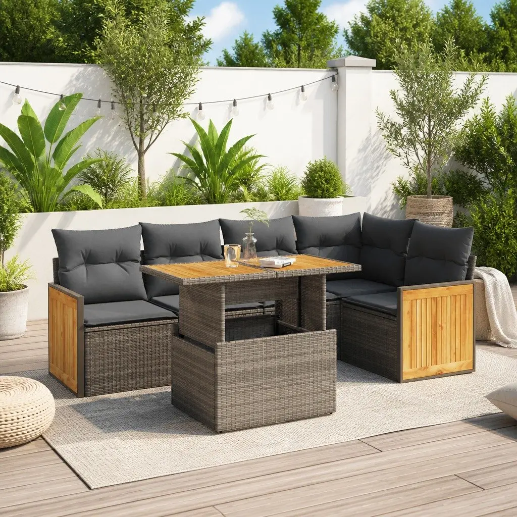 6 Piece Outdoor Garden Sofa Set PE Rattan Grey Modular Patio Furniture with Cushions