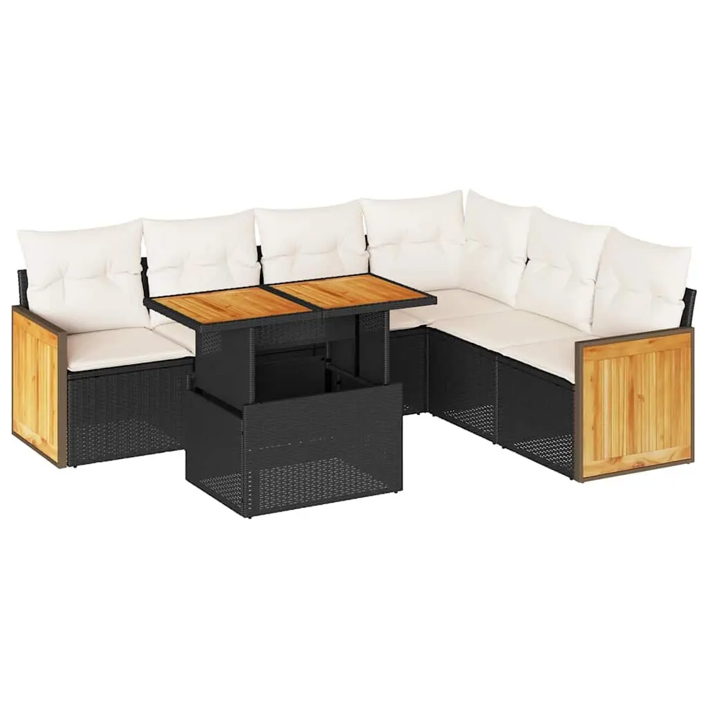 7-Piece Black Poly Rattan Garden Sofa Set