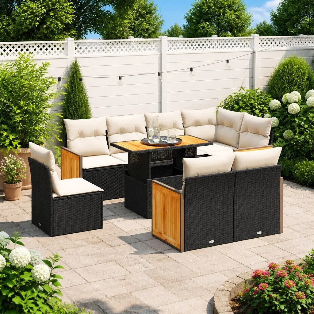 9-Piece Modular Black Poly Rattan Garden Sofa Set