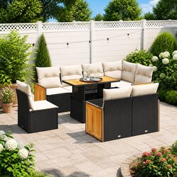 9-Piece Modular Black Poly Rattan Garden Sofa Set