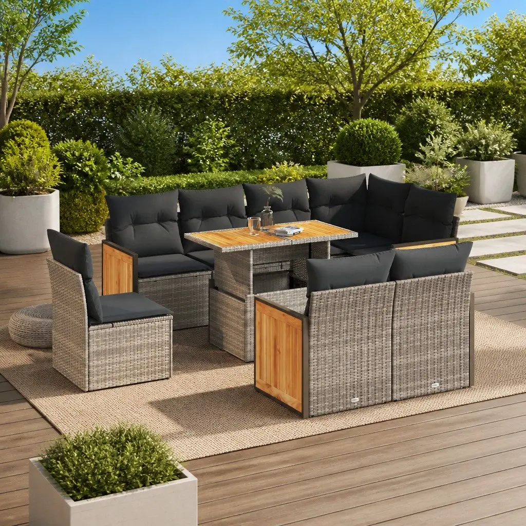 9-Piece Grey Poly Rattan Garden Sofa Set