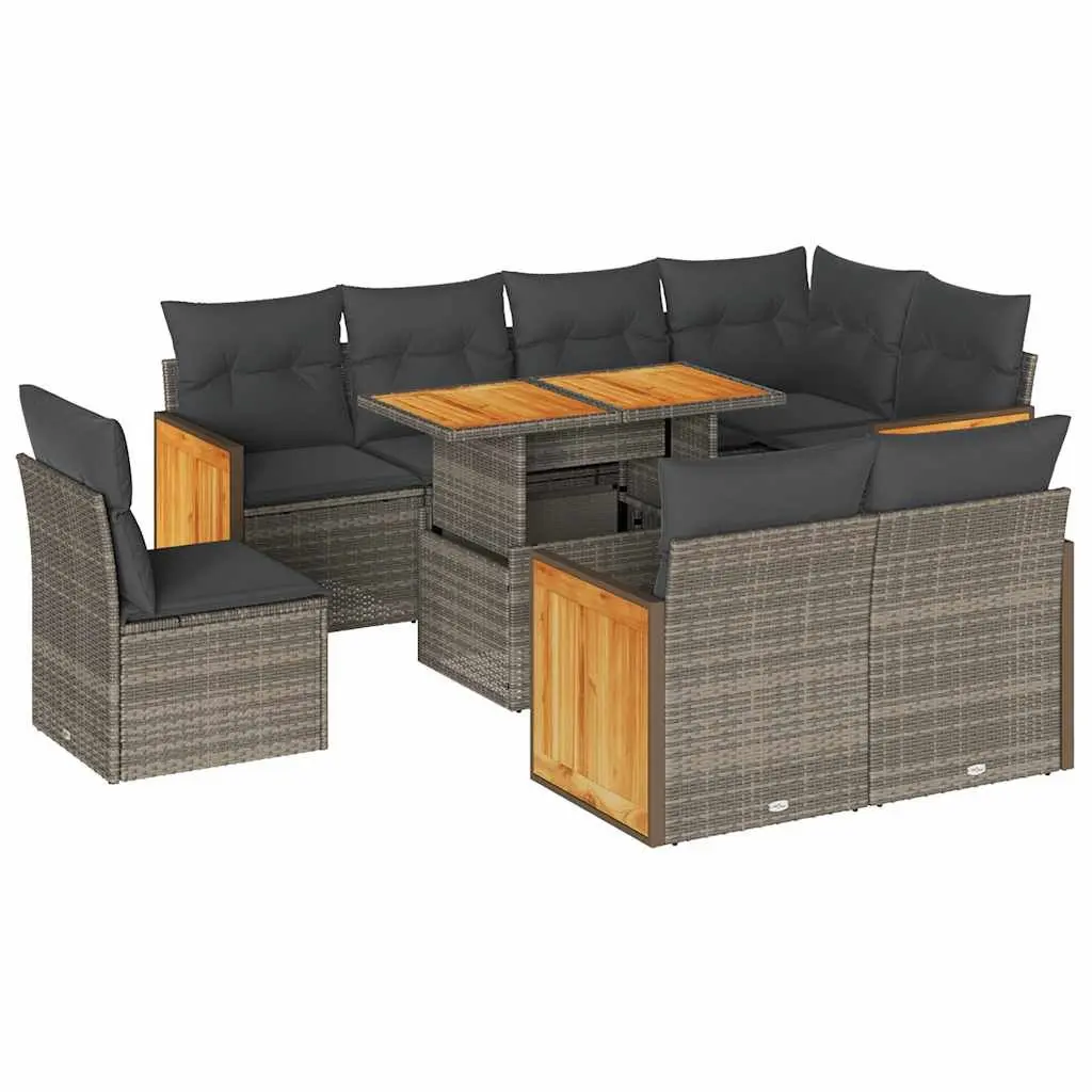 9-Piece Grey Poly Rattan Garden Sofa Set
