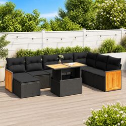 Black Poly Rattan 9-Piece Garden Sofa Set for Patio