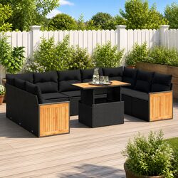10-Piece Black Poly Rattan Garden Sofa Set with Cushions