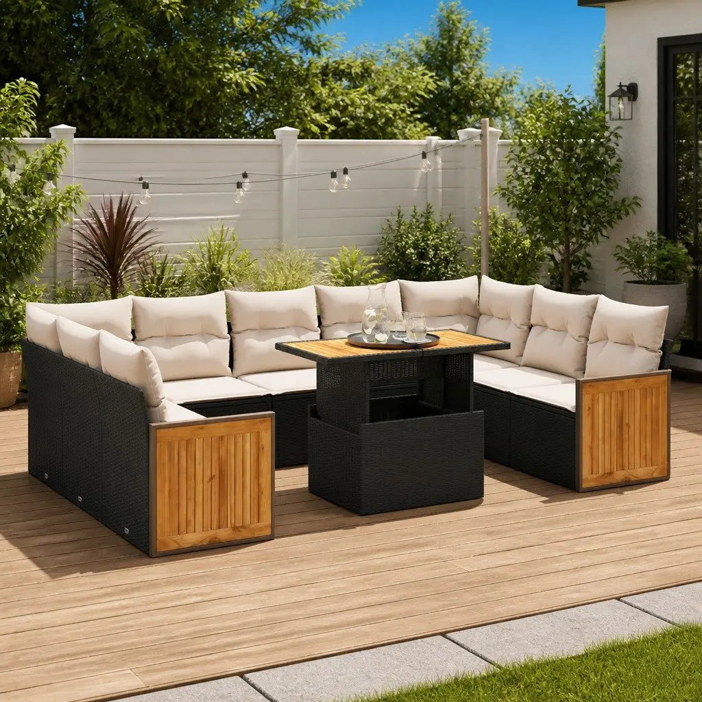 10-Piece Black Poly Rattan Garden Sofa Set