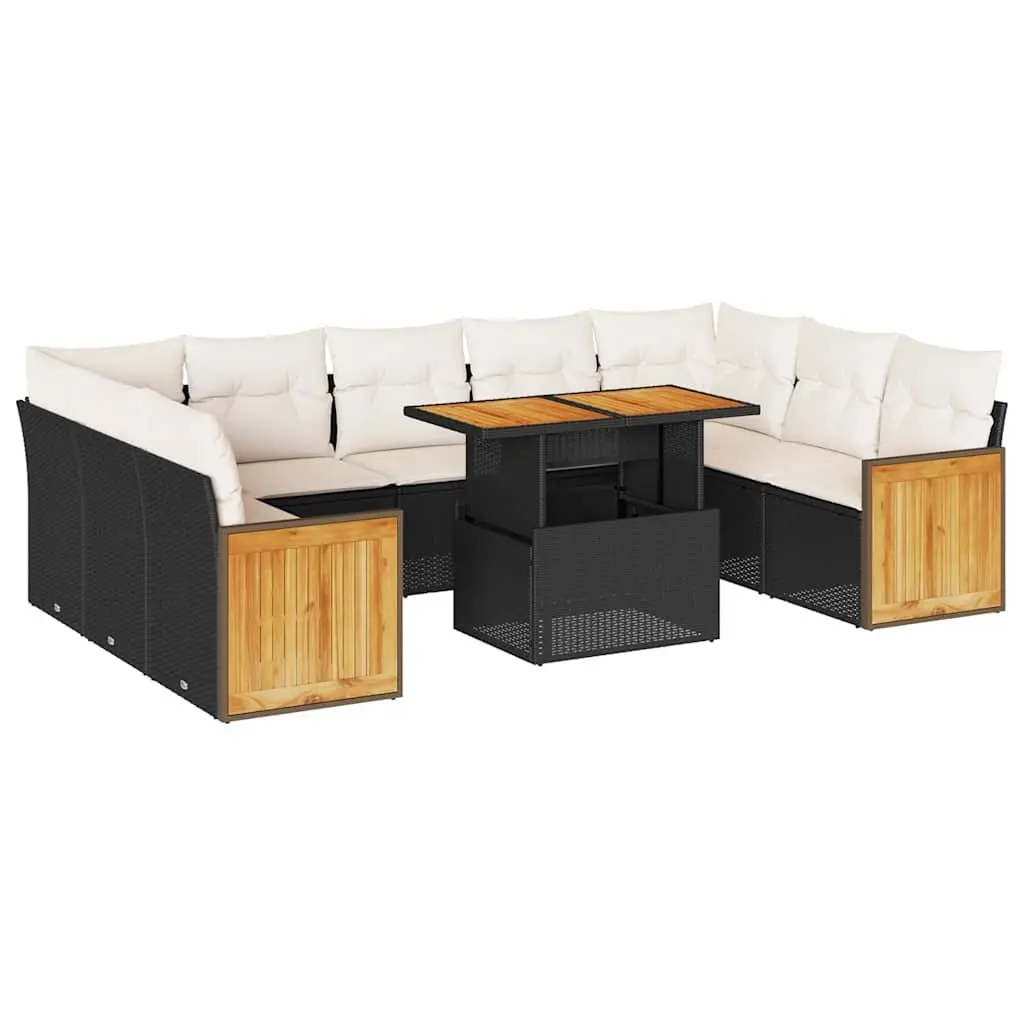10-Piece Black Poly Rattan Garden Sofa Set