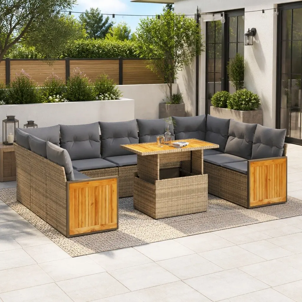 Garden Sofa Set PE Rattan 10 Piece Beige with Cushions