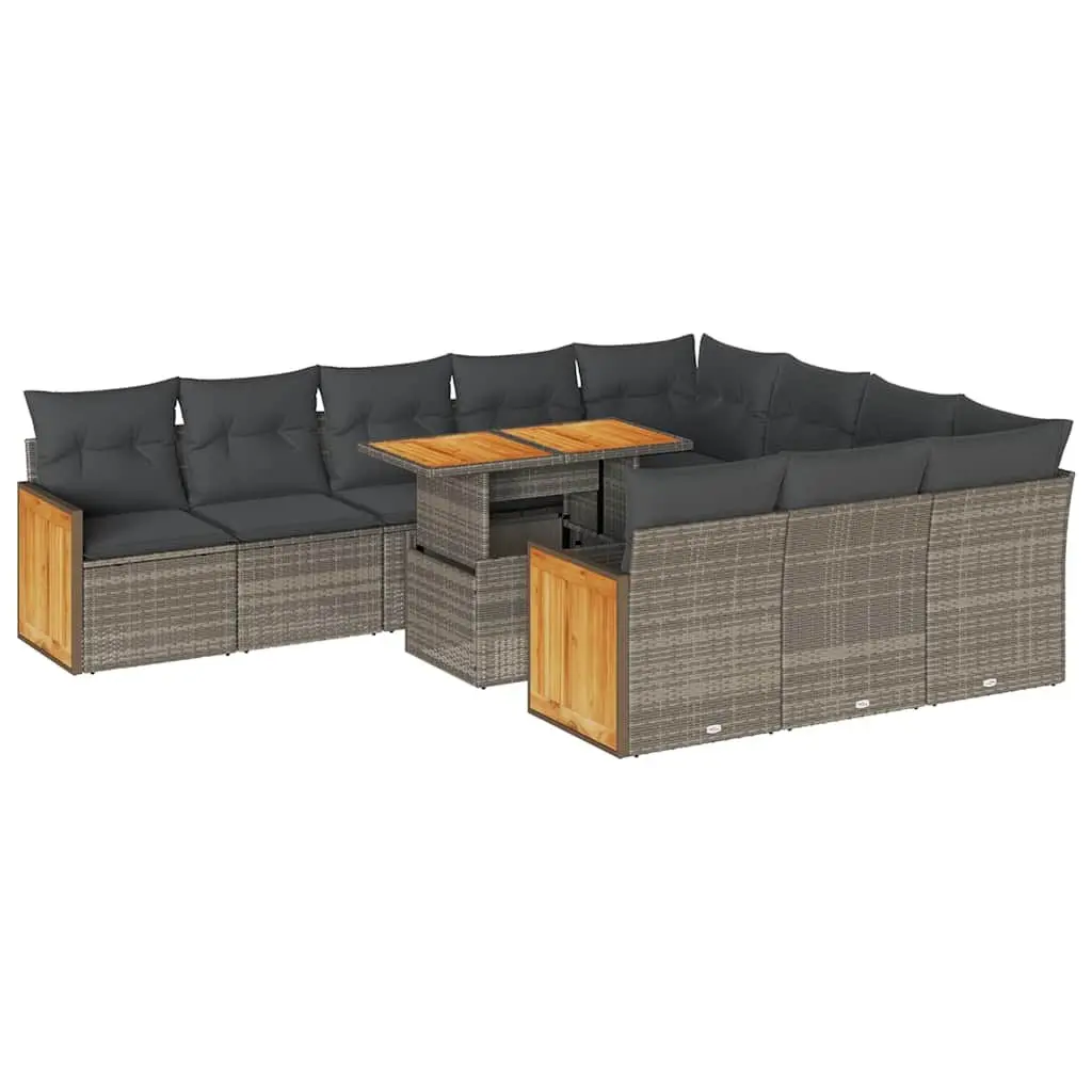 11 Piece Garden Sofa Set PE Rattan Acacia Wood Grey Outdoor Furniture