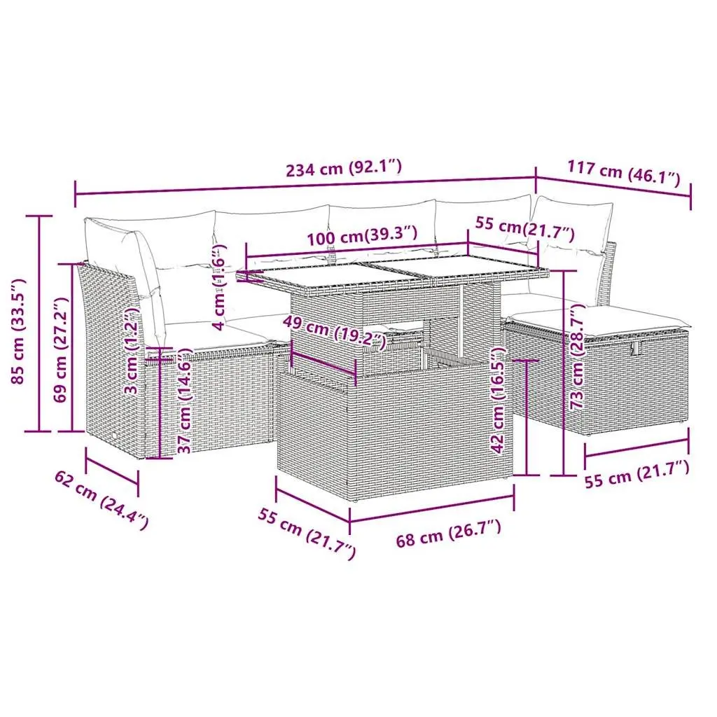 6 Piece Modular Garden Sofa Set in Black Rattan