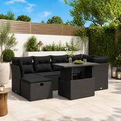 Sturdy 7-Piece Black Poly Rattan Garden Sofa Set