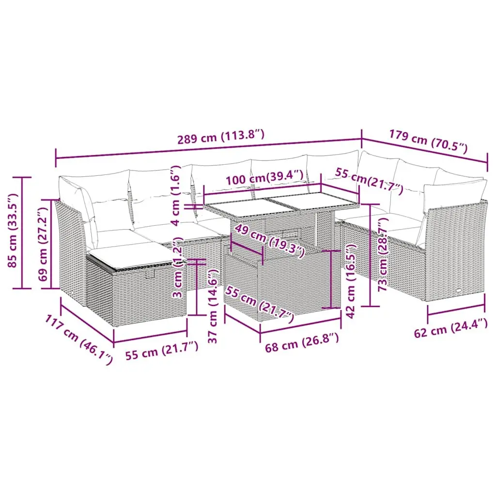 9 Piece Garden Sofa Set PE Rattan Grey Modular Outdoor Furniture Patio Seating