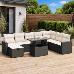 9-Piece Black Poly Rattan Modular Garden Sofa Set