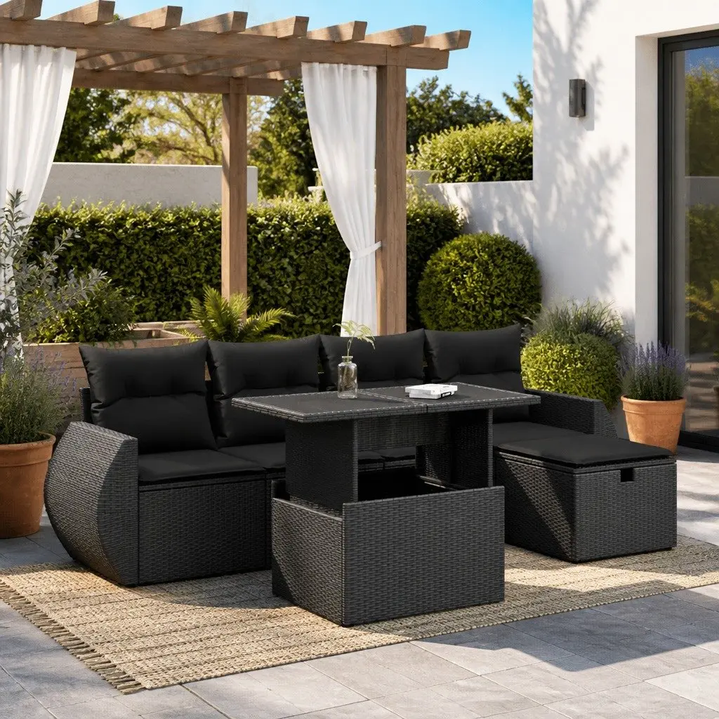 6-Piece Outdoor Garden Sofa Set in Black Rattan