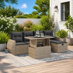 Durable 6 Piece Grey Poly Rattan Garden Sofa Set