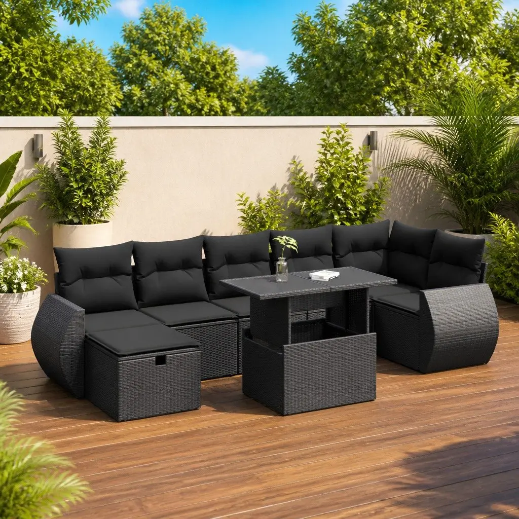 8-Piece Modular Black Poly Rattan Garden Sofa Set