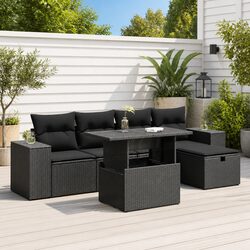 6-Piece Black Poly Rattan Garden Sofa Set for Outdoor Use