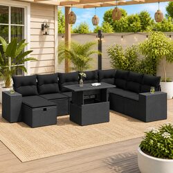 9-Piece Black Poly Rattan Garden Sofa Set with Storage