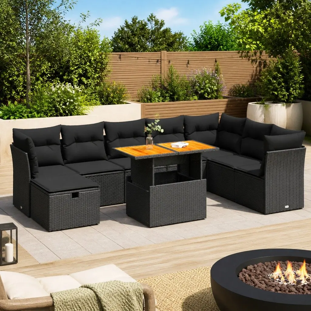 9 Piece Black Poly Rattan Garden Sofa Set