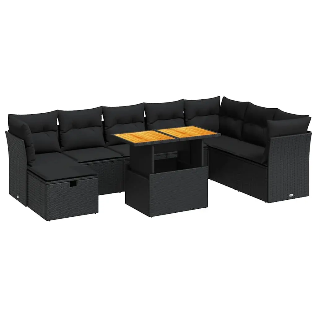 9 Piece Black Poly Rattan Garden Sofa Set