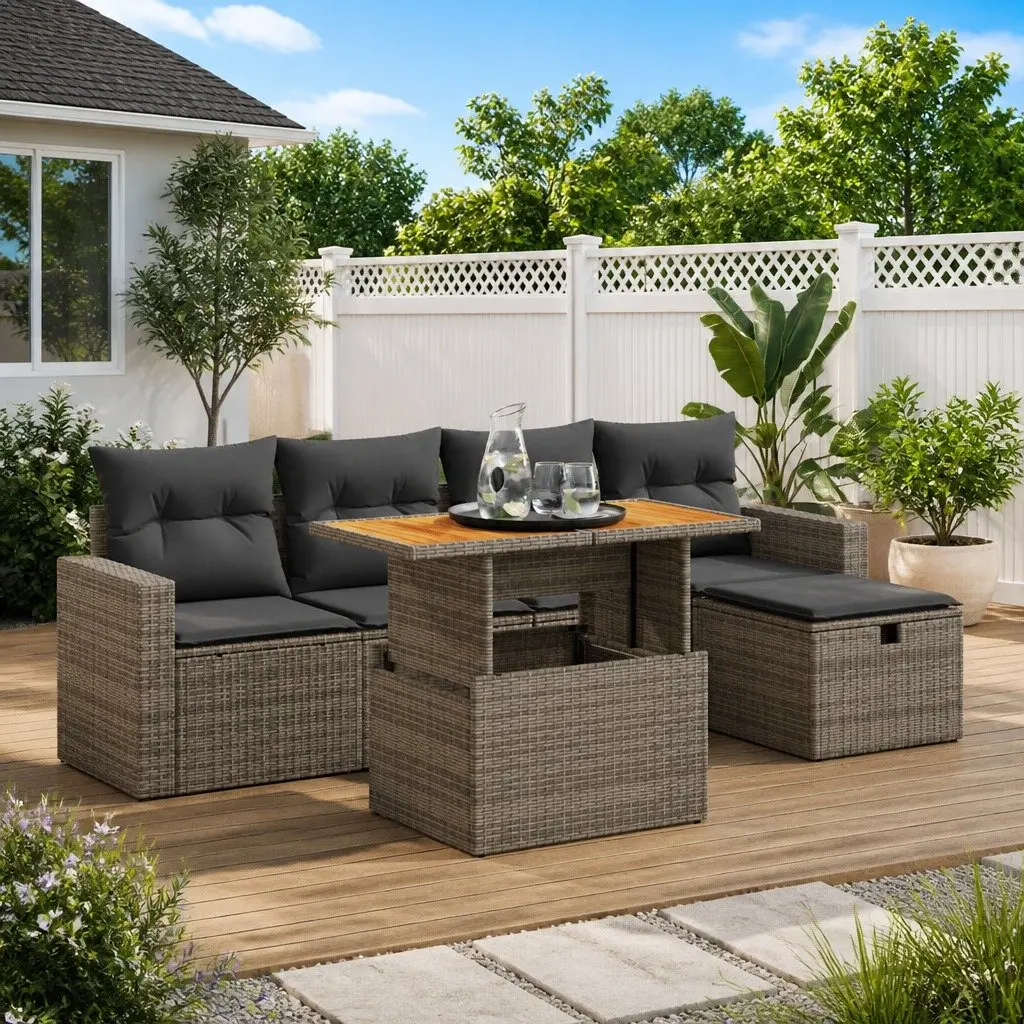 Garden Sofa Set 6 Piece Outdoor Furniture Grey Poly Rattan Modular Patio Seating
