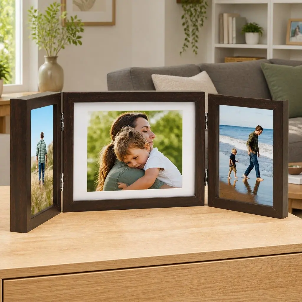 Trifold Photo Frame Collage Hard PS MDF 22x15 cm Brown Plus 2x 10x15 cm