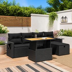 Garden Sofa Set 6 Piece Modular Black Poly Rattan with Cushions Storage Table