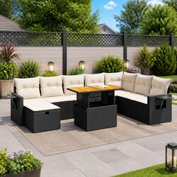 9-Piece Modular Patio Lounge Set in Black Poly Rattan