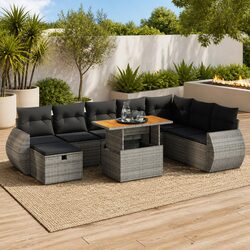 9-Piece Outdoor Sofa Set with Grey Poly Rattan Cushions