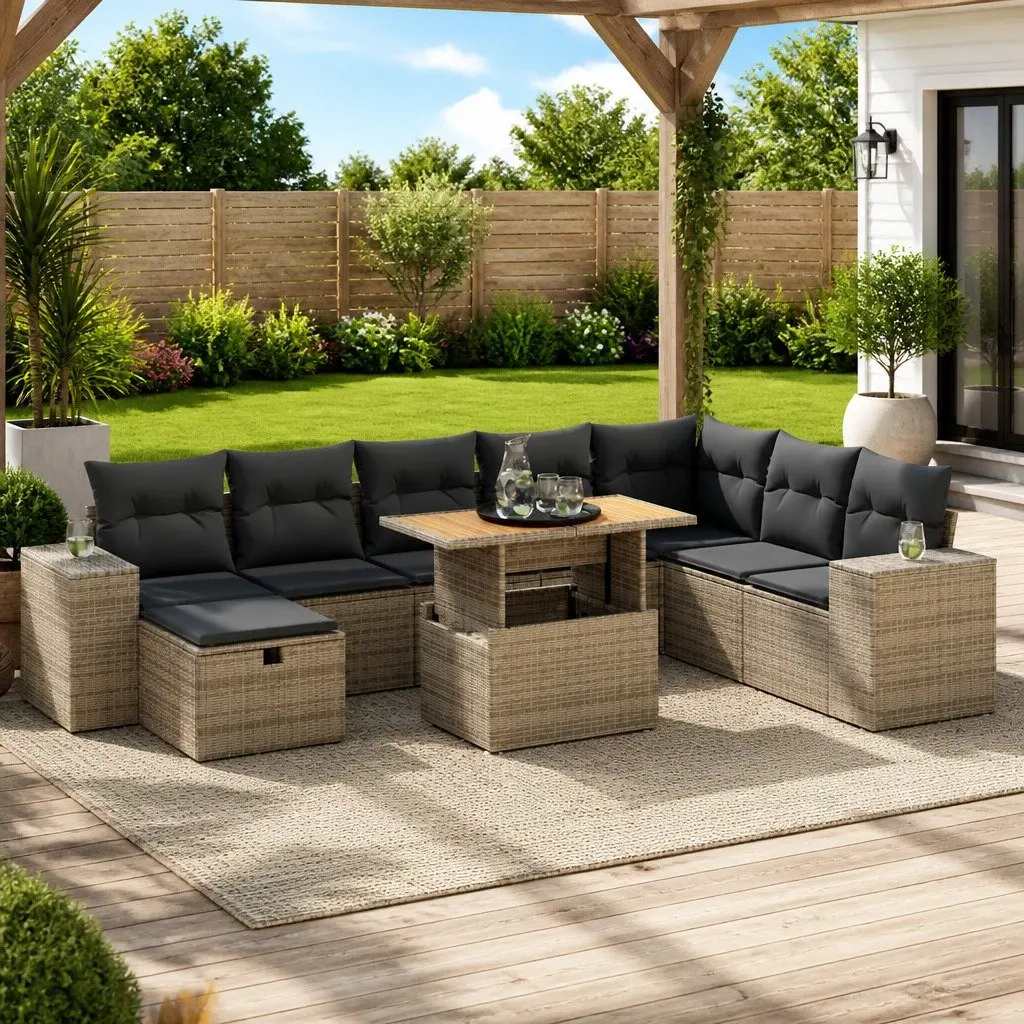 Garden Sofa Set PE Rattan 9 Piece Outdoor Furniture with Cushions Grey