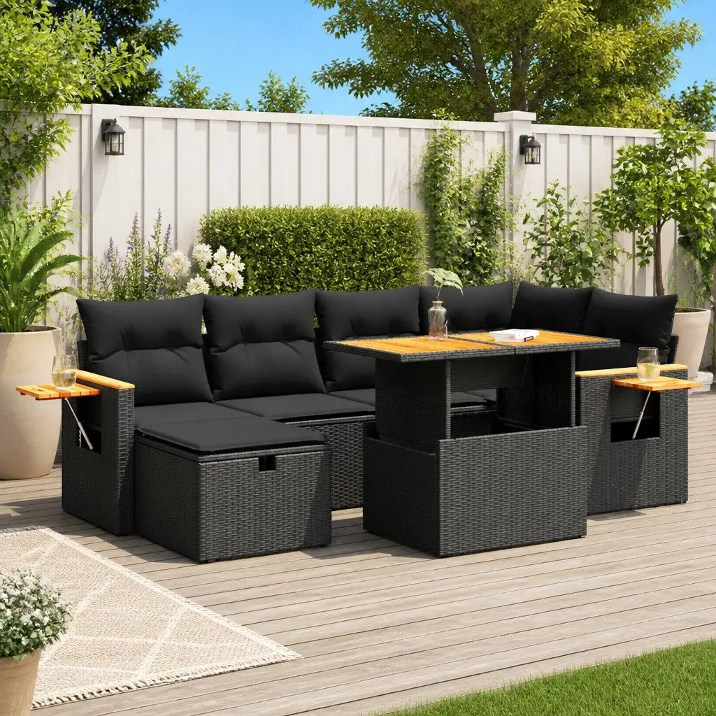 8-Piece Black Poly Rattan Garden Sofa Set with Adjustable Table
