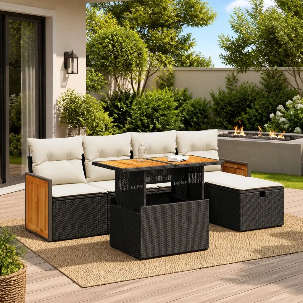 Garden Sofa Set PE Rattan 6 Piece Outdoor Furniture Black with Storage
