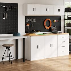 2 Piece White Garage Cabinets with Sturdy Worktop