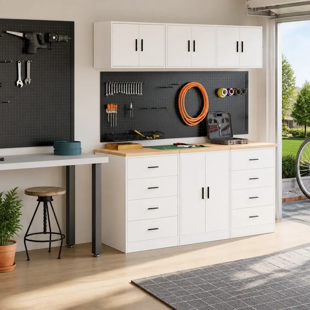 Garage Storage Cabinets Engineered Wood 2pc White