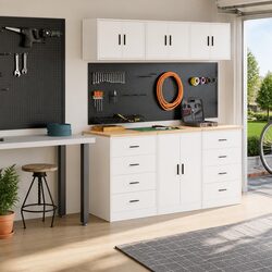 Garage Storage Cabinets 2pc White Engineered Wood Workshop Tool Organiser