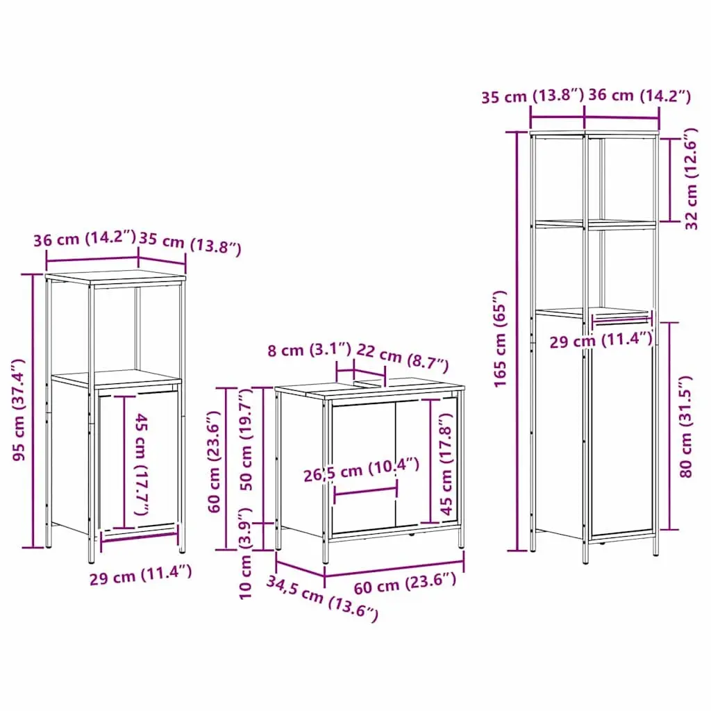 Black Oak Bathroom Vanity Unit 3 Piece Storage Set