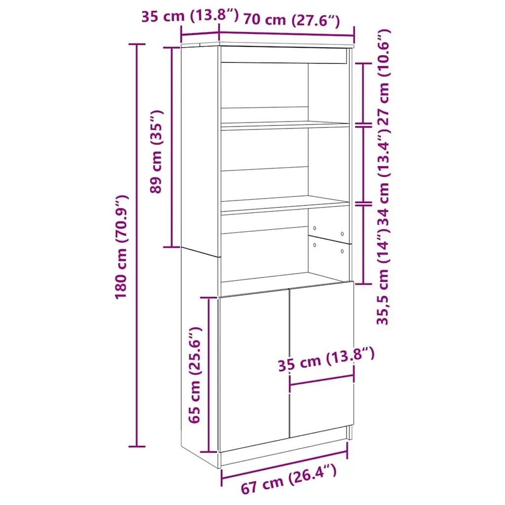 Highboard White Storage Cabinet 70x35x180 cm