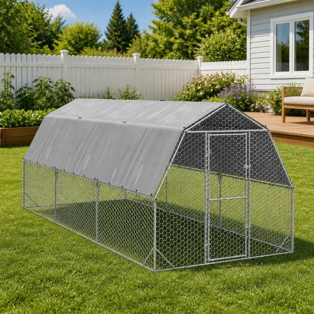 Chicken Run Galvanised Steel 2.5x6x2.25m Silver Walk-In Coop Small Animal Habitat Enclosure