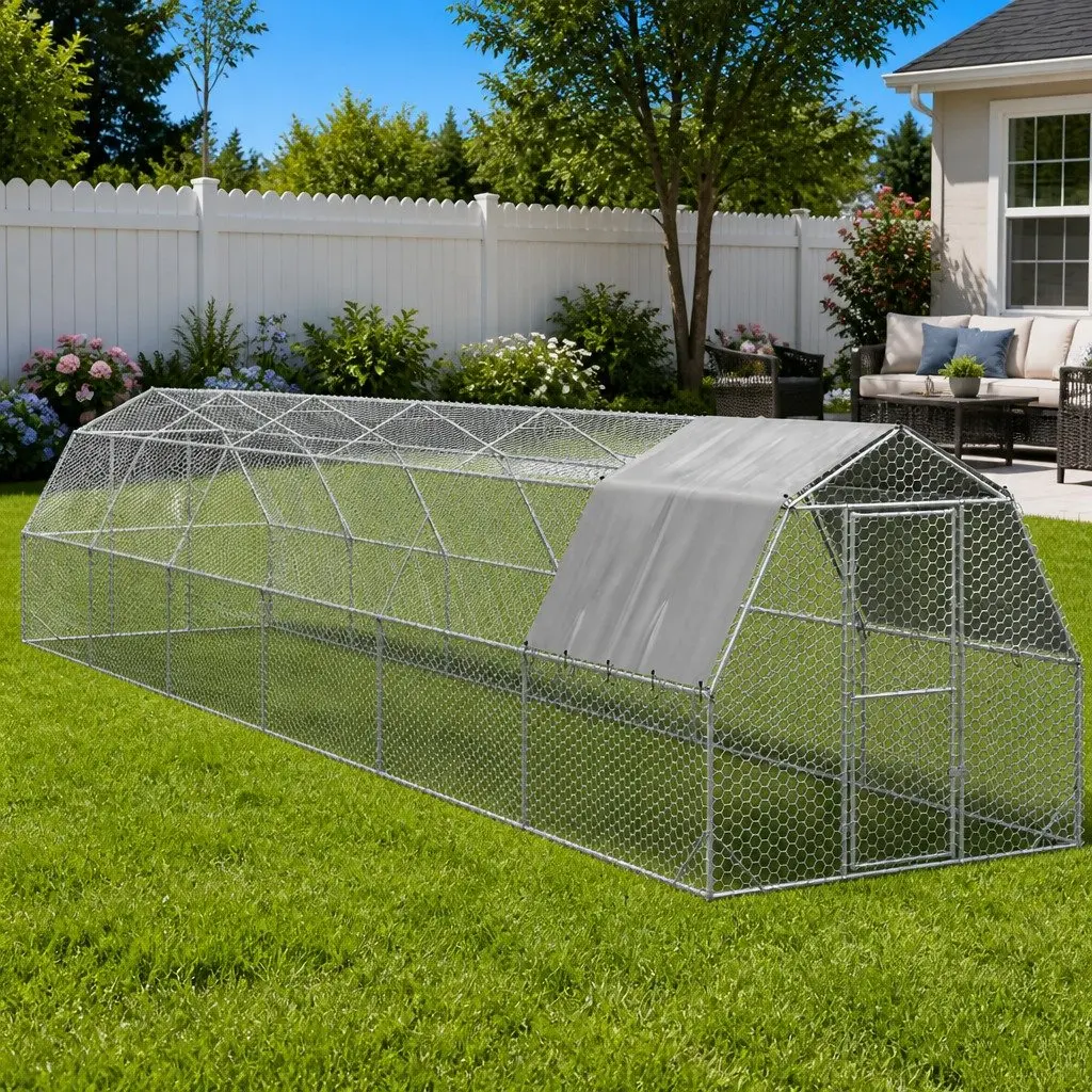 Chicken Run Galvanised Steel Frame Large Enclosure Water-Resistant Roof Silver