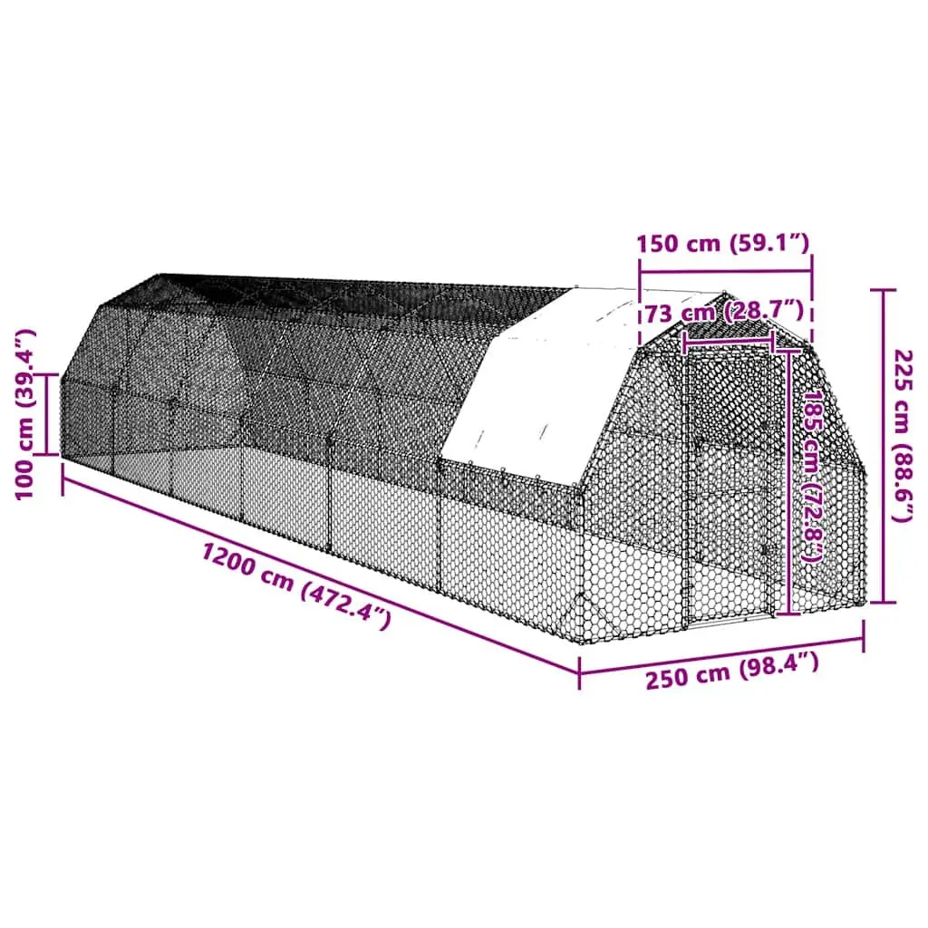 Chicken Run Galvanised Steel Frame Large Enclosure Water-Resistant Roof Silver